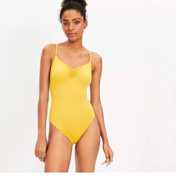 LOFT Beach Cinched Front One Piece Swimsuit Mustard Yellow - Picture 1 of 6